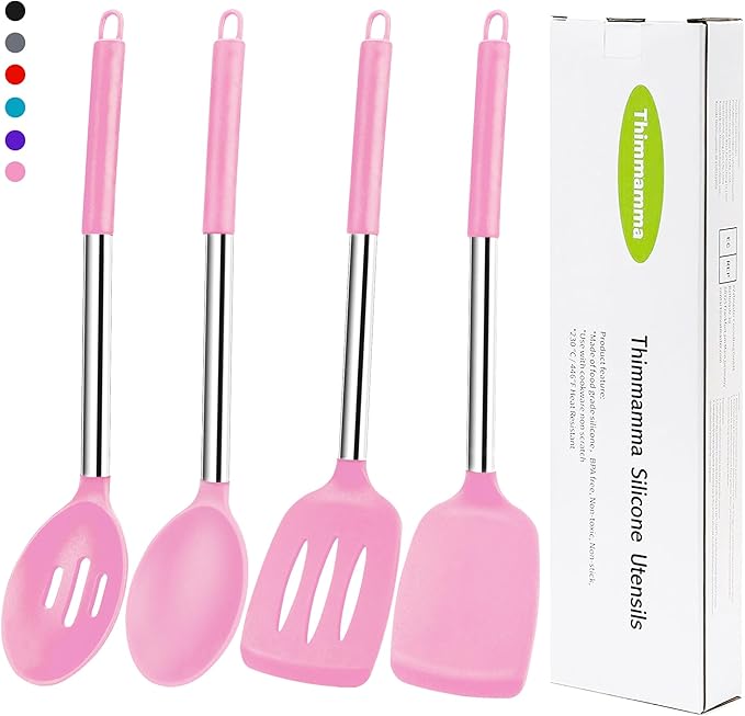 Silicone Spatula Spoon Set, 4 PCS Silicone Cooking Utensils Spatula Spoon Set with Stainless Steel Handle, BPA Free Kitchen Turners for Frying, Mixing, Serving, Draining, Turning, Stirring, Pink