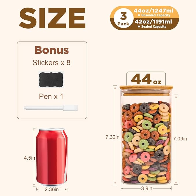 Glass Food Storage Jars Square 44oz, 3 Pack Glass Jars With Bamboo Lids, Kitchen Storage Containers For Spice, Candy, Cookie, Storage For Pantry Organizers