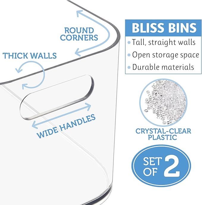 STORi Bliss 10" x 6" Open Clear Pantry Organizer Bin, Set of 2, Plastic Containers with Handle for Kitchen, Fridge, Cabinet, Closet, Bathrom, Undersink Storage Made in USA
