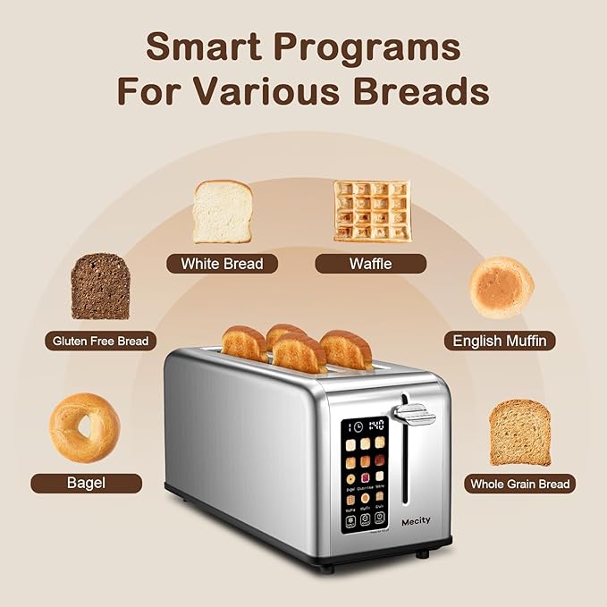 Mecity 4 Slice Toaster Touch Screen 1.5" Long Slot, Stainless Steel Smart Bread Toaster for Bagel Muffin Waffle Gluten Free Breads, Timer, Defrost, Reheat, 120V 1400W