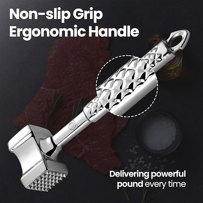 Stainless Steel Meat Tenderizer Tool, Premium Meat Mallet with Non-Slip Grip, Dual-sided Kitchen Mallet Ideal for Tenderizing Steak, Poultry & Chicken Cutlet, Dishwasher Safe with Lifetime Replacement
