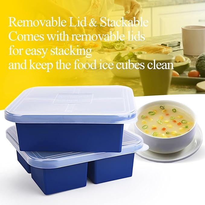1 Cup Silicone Freezer Tray with Lid 1 Pack - Make 4 Perfect 1-Cup Portions - Easy Release Molds for Food Storage & Freeze Soup, Broth, Stew or Sauce