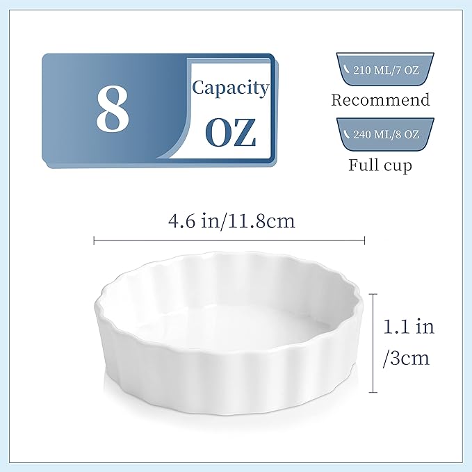 LOVECASA Porcelain Ramekins 8 Oz Oven Safe Set of 6 - Shallow Creme Brulee Dishes for Baking, Soufflés, Custards, Fluted Quiche Pans, Chip-Resistant & Stackable, White