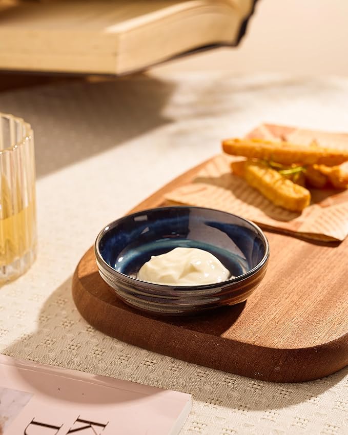 famiware Pluto Soy Sauce Dishes of 6, 3 oz Dipping Sauce Cups/Bowls/Dishes for Kitchen, Ceramic Small Bowls for Side Dish, Appetizers, Snacks, and Sushi, Reactive Glaze, Nebulas Blue