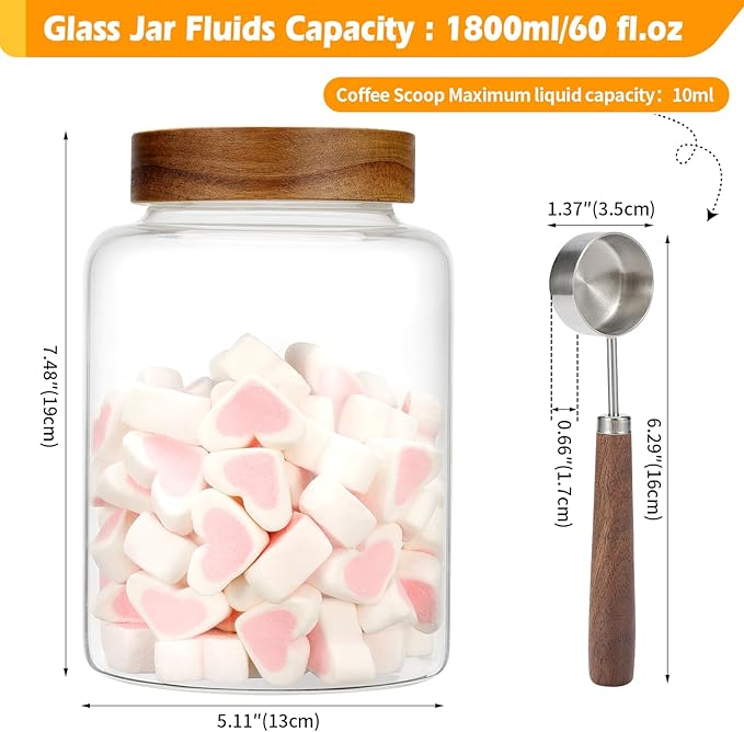 Large Glass Coffee Jars with Spoons 60 oz /1800ml, Round Storage Canister with Wooden Lid Clear Glass Food Jar for Pantry Sugar Tea Coffee Bean Spice Nuts Cookies Bath Salts (1800ml/60oz)