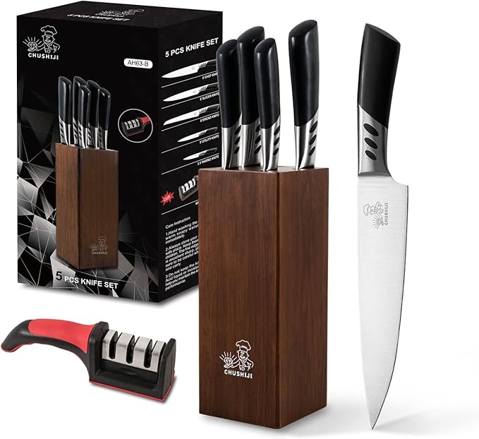Knife Block Set, 7 Piece Cooking Knife Set, Premium Kitchen Knife Set with Knife Block and Sharpener, Hardwood Brown Knife Set，New Apartment Gift