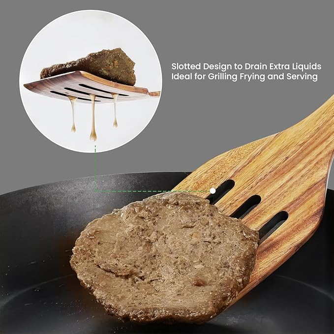 GEEKHOM Bamboo Spatulas for Nonstick Cookware, 13 Inch Wooden Kitchen Utensils, 2 Pack Wooden Spatula for Cooking, Slotted Wok Turners, Flipper for Pancake, Fish, Egg