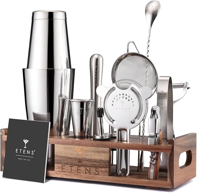 Premium 15-Piece Mixology Bartender Kit – Stainless Steel Cocktail Shaker Set with Wooden Stand | Professional Boston Shaker Bar Tool Set for Home & Expert Mixologists | Luxury Cocktail Making Gift