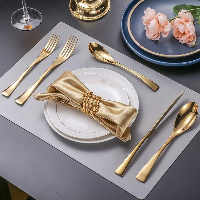 Lemeya 20-Piece Gold Silverware Set for 4,Heavy Duty 18/10 Stainless Steel Cutlery Set with Forged Stand Knife,Modern Flatware Utensils Set,Forks Spoons and Knives Set,Mirror Polished,Dishwasher Safe