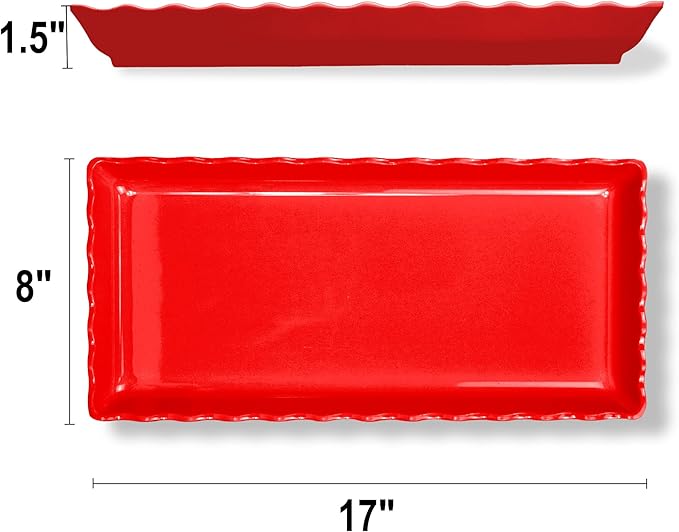 KAQAHIDO 17" x 8" x 1.5" Red Serving Tray Set, Wave Edge Melamine Platters for Cookie, Appetizer, Charcuterie, Snack, Dessert, Party Food Display, Stackable, Set of 2