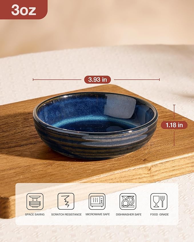 famiware Pluto Soy Sauce Dishes of 6, 3 oz Dipping Sauce Cups/Bowls/Dishes for Kitchen, Ceramic Small Bowls for Side Dish, Appetizers, Snacks, and Sushi, Reactive Glaze, Nebulas Blue