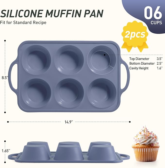 2 Packs 6 Cups Silicone Muffin Pan with Metal Reinforced Frame Jumbo Size Cupcake Pan Tray Egg Bites Silicone Circle Cookie Molds Extra Large Muffin Tin Tart Pans for Breakfast Sandwiches