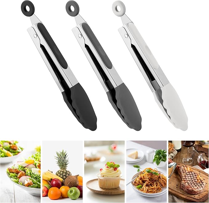 7-Inch Silicone Tongs Pack of 3, Small Tongs with Silicone Tips for Cooking, Barbecue, Buffet Serving (7", Black/Grey/White)