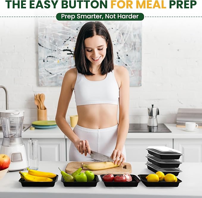 38oz Meal Prep Containers [50-Pack], Reusable Bento Box with Easy-Snap Leakproof Lids - Microwave, Dishwasher & Freezer Safe Food Storage, BPA-Free Plastic Lunch Containers (Black)