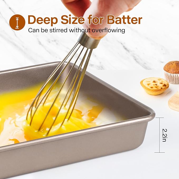 Rectangle Cake Pan, 9x11 Baking Pan, Deep Bread Pan Nonstick, Toaster Oven Tray Bakeware for Brownies, Heavy Duty, 11x9x2 Inch, Pack of 2, Gold, Easy Release