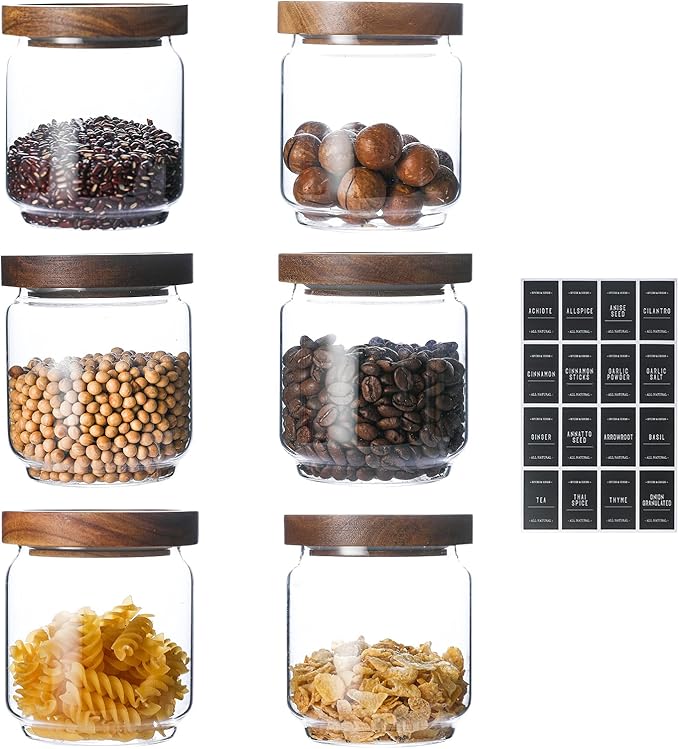 Glass Jars with Wood Lids 6 Pack with 112 Labels, 15 OZ Storage Food Canister for Coffee| Sugar| Snacks| Nuts