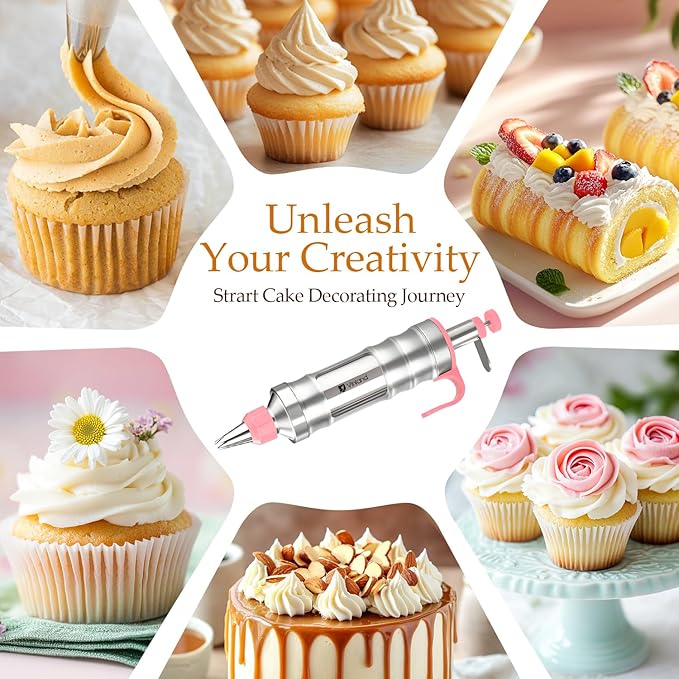 Dessert Decorating Syringe Set Icing Piping Kit Frosting Piping Kit Stainless Steels Cake Decorating Kit with 10 food grade stainless steel piping tips & 50 Disposable Piping Bags, Pink