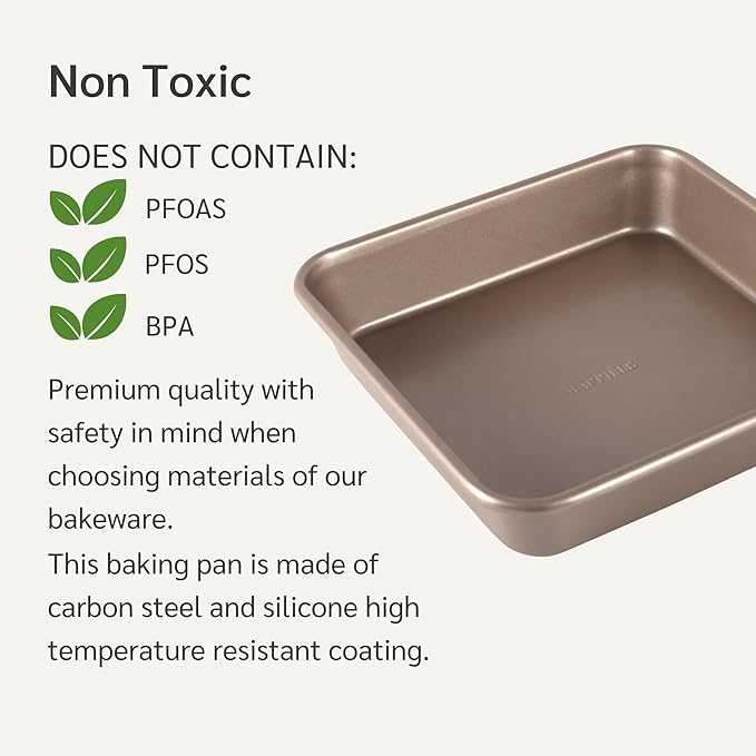 HAPPIELS Nonstick 9x9 Baking Pan | PFOA & BPA Free Non Toxic 9 x 9 Inch Cake & Brownie Pan | Best Nontoxic Square 9x9 inches Pans for Baking | Non Stick Carbon Steel Gold Baking Ware