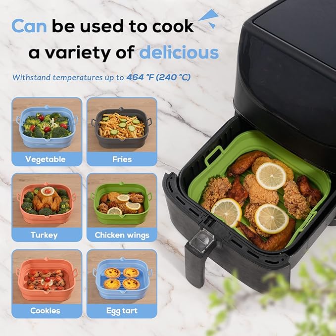 [2 Pack] Silicone Air Fryer Liners Square - Reusable Airfryer Silicone Basket - Easy to Clean Air Fryers Silicone Pot for 5.8 to 8 Qt Large Air Fryer Baking Tray Oven Accessories, 8.5 Inch