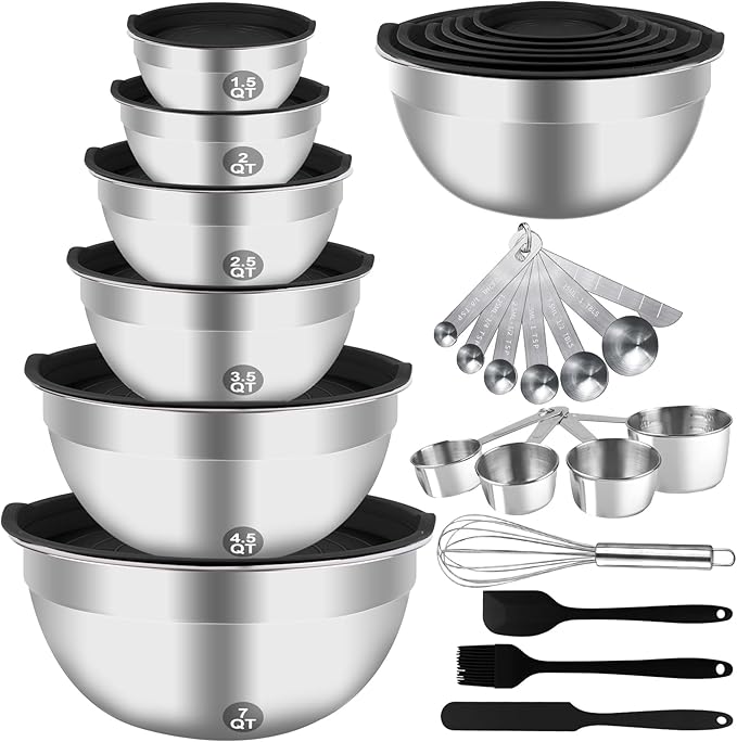 Mixing Bowls Set, 27PCS Stainless Steel Mixing Bowl with Lid Set, Large Nesting Bowls 7, 4.5, 3, 2.5, 2, 1.5QT, Measuring Cups and Spoons Baking Utensils Metal Bowl for Kitchen Prep