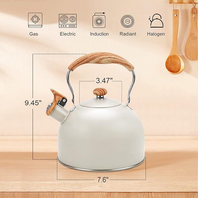 Tea Kettle Stovetop, 2.6Qt Whistling Tea Pots for Stove Top, Heat-resistant Folding Handle，Cute Teapot(Beige)