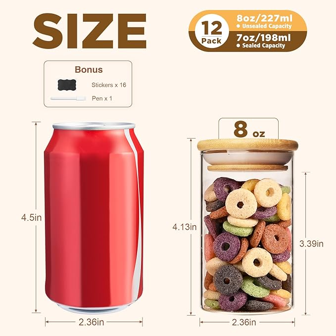 8oz Glass Food Storage Jars, Glass Jars with Bamboo Lids, Kitchen Storage Jars, Set of 12, Canisters with Airtight Lids for Spice, Coffee, Cookie, Pantry Organizers