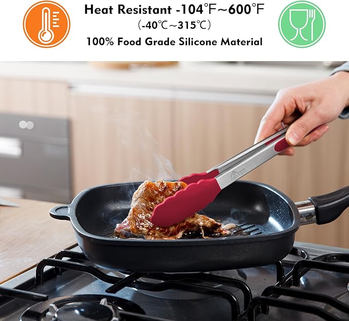 HOTEC Premium Stainless Steel Locking Kitchen Tongs with Silicon Tips, Set of 3-7", 9" and 12" (Red)