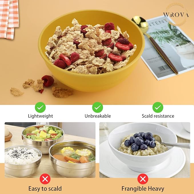 Wheat Straw Bowls Set 60 OZ Unbreakable Large Cereal Bowls Set of 6 Microwave and Dishwasher Safe Bowls Big Bowls for Apartment and Dorm BPA Free Soup Bowl for Serving Oatmeal and Salad Yellow