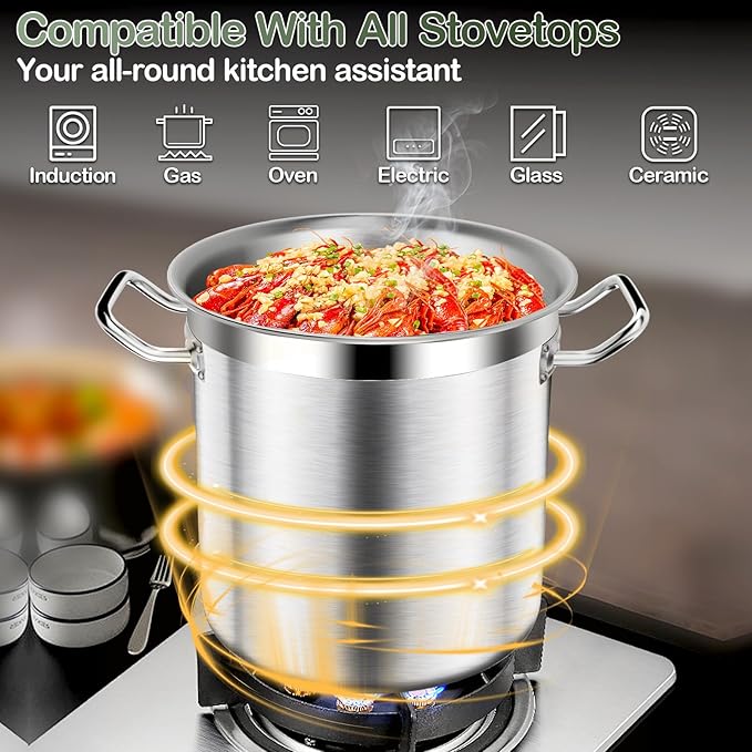 Stainless Steel Stockpot – 40QT Stock Pot with Lid, Heavy-Duty Tri-Ply Bottom Cooking Pot for Canning, Boiling Beer Brewing, Soup, Seafood Boil – Satin Finish Stainless Steel Soup Pot