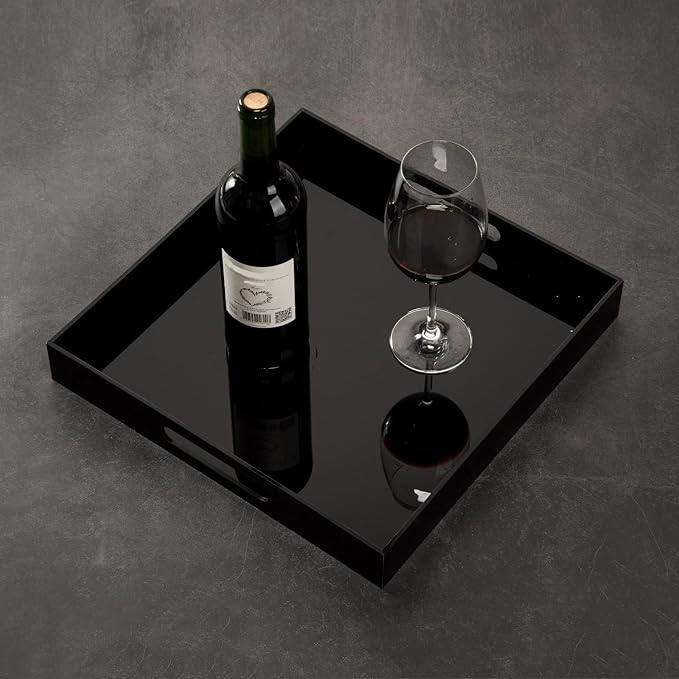 Glossy Black Acrylic Serving Tray - 14x14Inch, Multipurpose, Sturdy, Modern Style, Spill Proof, Countertop Organizer, Vanity Table Tray