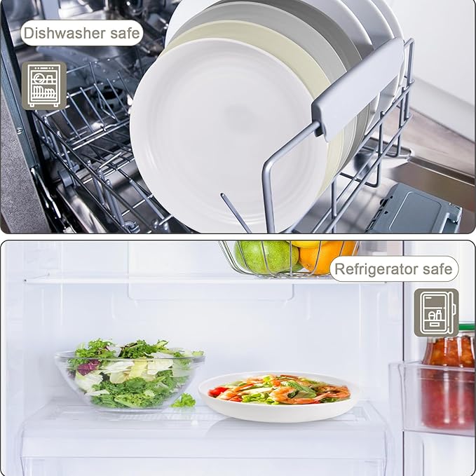 12 Pcs Unbreakable Deep Dinner Plates Set, 10 inch Reusable Plastic Wheat Straw Plates, Microwave and Dishwasher Safe Plate for Kitchen, Lightweight Plate for Dessert, BPA Free, Beige