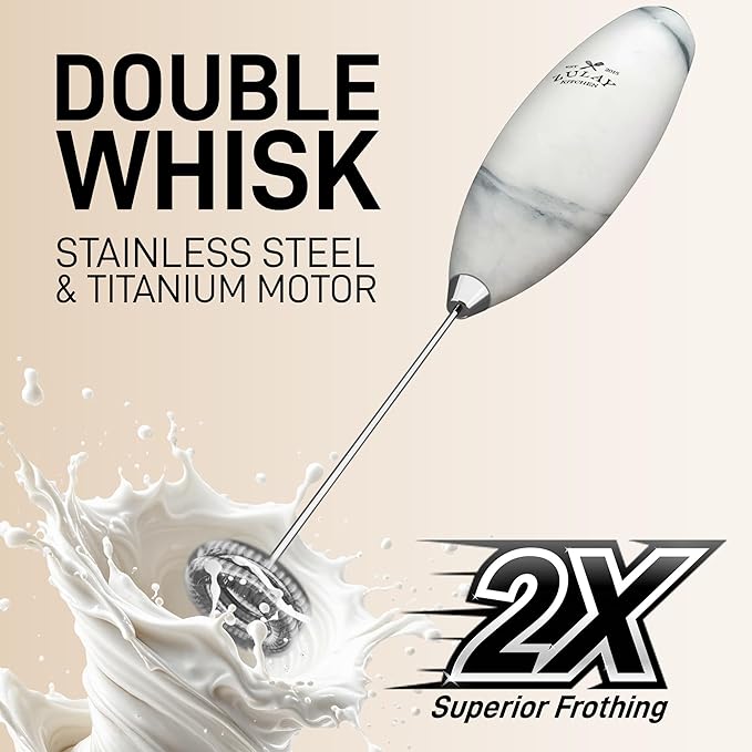 Zulay Kitchen Powerful Double Whisk Milk Frother Handheld - Foam Maker With Stand - Whisk Drink Mixer for Coffee, Mini Foamer for Latte, Matcha, Frappe, Hot Chocolate & Cappuccino (Crystal Quartz)