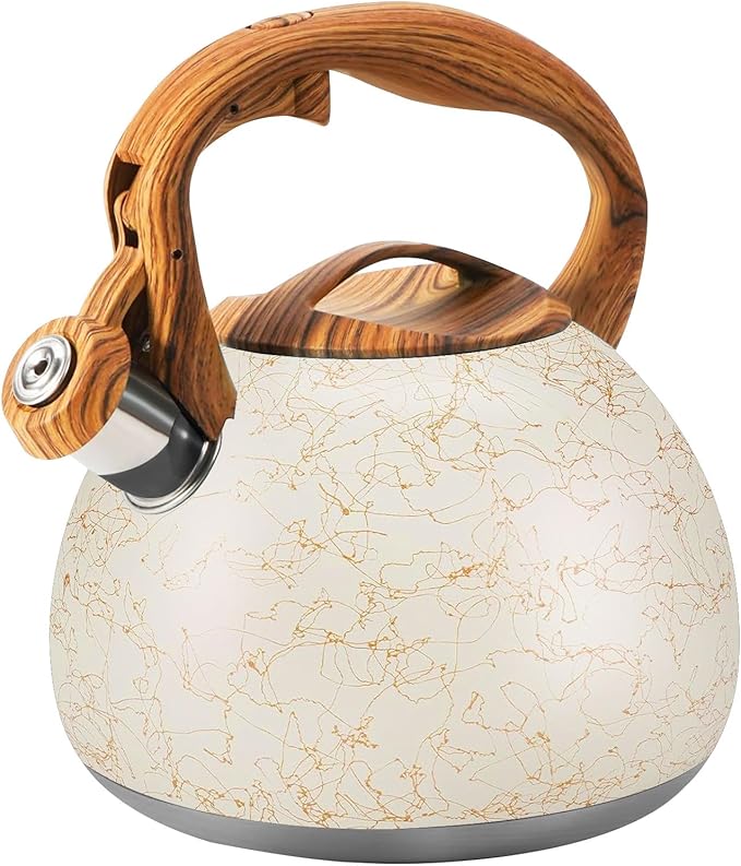 3.2 Quart Whistling Tea Kettle Stovetop, Stainless Steel Tea pot with Wood Grain Handle, Loud Whistle Kettle for Boiling Water, Coffee & Milk, Easy-Pour Spout Classic Design (Off-white)