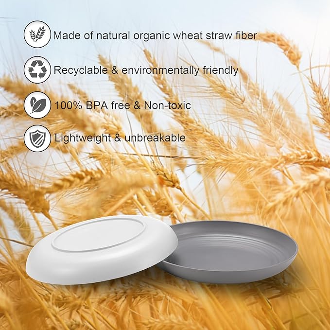 12 Pcs Unbreakable Deep Dinner Plates Set, 10 inch Reusable Plastic Wheat Straw Plates, Microwave and Dishwasher Safe Plate for Kitchen, Lightweight Plate for Dessert, BPA Free, White Gray