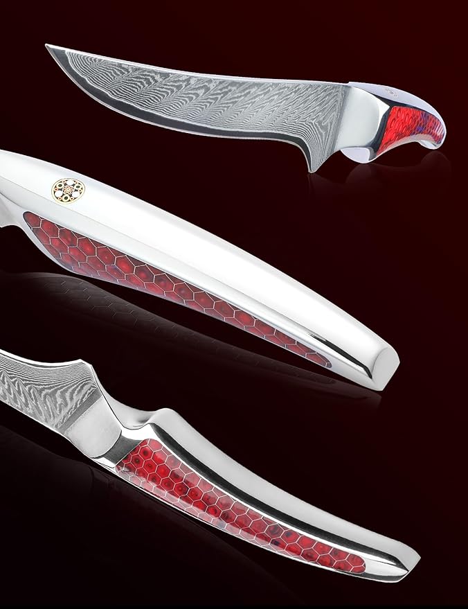 7 inch Fillet Knife, Japanese VG-10 Damascus Steel Kitchen Fish Knife, Ultra Sharp Boning Knife with Full-tang Handle in Red Resin, LA-S9 Series