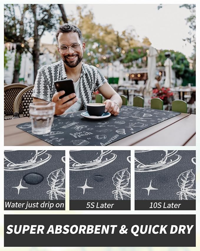AMOAMI Coffee Mat Hide Stain Rubber Backed Absorbent Dish Drying Mat for Kitchen Counter - Fits Under Coffee Maker & Espresso Machine (12x19,DUST BLUE)