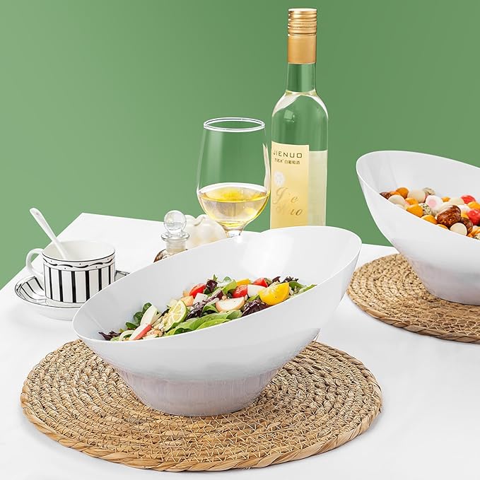 bUCLA 12 Pack White Plastic Serving Bowls - 54 OZ Angled Table Salad and Fruit Bowls Disposable for Chip&Candy - Ideal for Party & Wedding