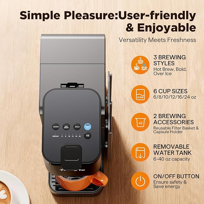 Hot & Iced Coffee Maker with Magnetic K-Pod Organizer (Pods Not Included), Stores 10 Pods, 4-5 Cups Coffee Maker & Single-serve Brewer for K Cup & Grounds, 40oz Removable Water Tank, Black