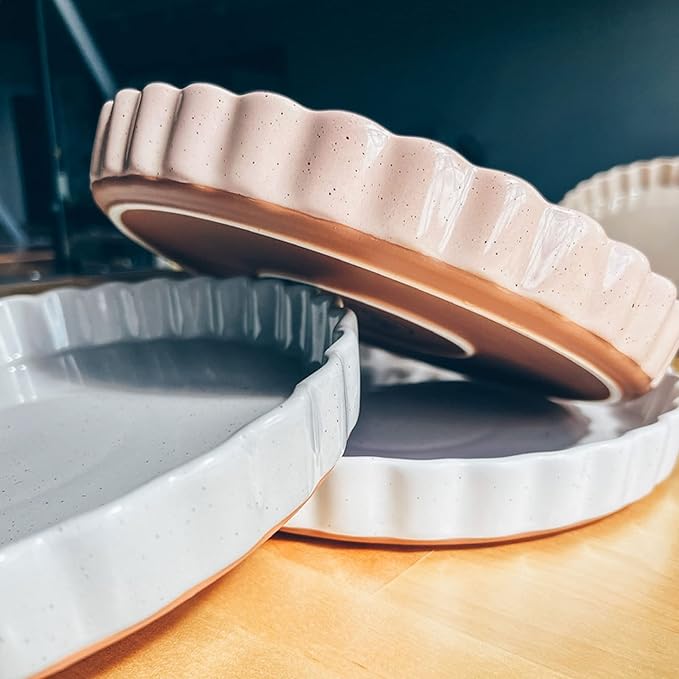 Mora Ceramic Tart Pan, 9.5 Inch Large Porcelain Baking Dish for Tarts, Quiche, Pie, Flan etc. Fluted Ruffled Edge, Oven, Microwave, Freezer, and Dishwasher safe - Great Gift For Bakers - Chai