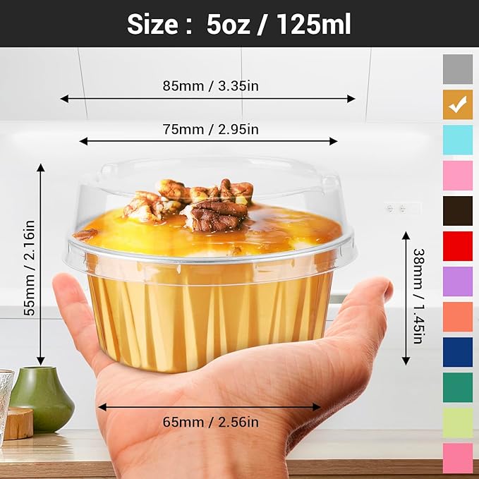 EUSOAR Disposable Ramekins Aluminum Foil, Gold 25Packs 5oz Baking Cups with Lids Mini Muffin Liners, Dessert Cheesecake Pan Creme Brulee Cupcake Containers for Catering Club Wedding Party