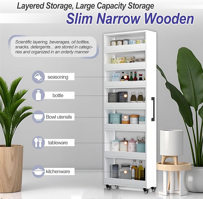 7-Tier Slim Storage Cart, Wooden Rolling Pantry Cabinet with Wheels, Narrow Shelf Organizer for Kitchen, Bakers Rack, Dining Room, Closet, Small Spaces Teak 47.2" H*7.8" W*23.6" D