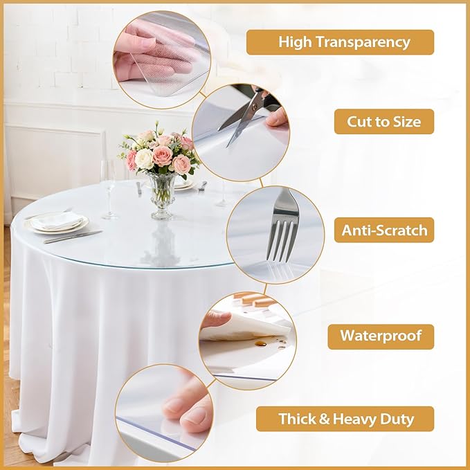 Round Frosted Table Cover Protector 36 Inch - 2mm Thick Waterproof PVC Furniture Protective Pad for Dining Room Tabletop