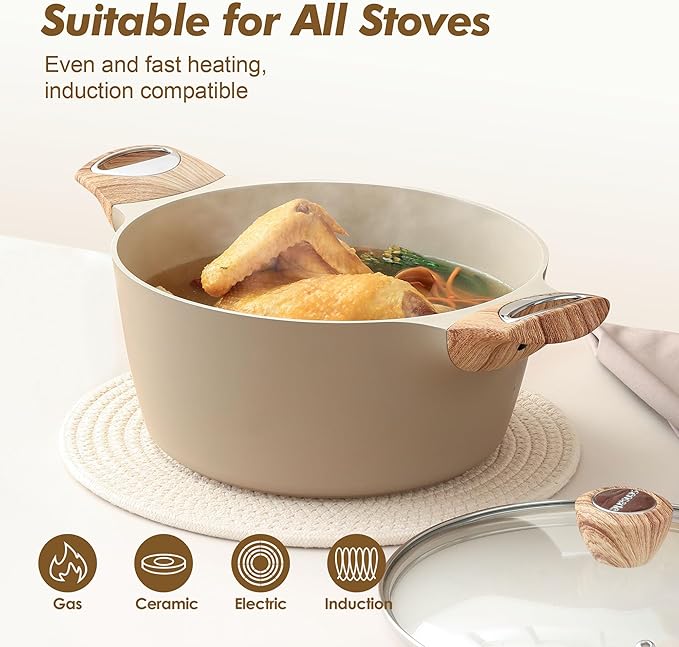 SENSARTE Ceramic Nonstick Stock Pot with Lid, 2.6/4.5/6.6/8.5 QT Soup Pot Casserole Pot, Non-toxic Healthy Pasta Pot, Large Cooking Pot Stew Pot, Induction Compatible, PFOA PFAS PTFE Free, Taupe