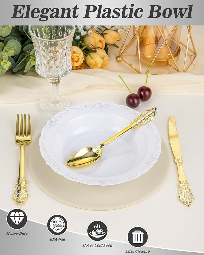 50 Pack White Plastic Bowls with Silver Rim, 12oz Plastic Salad Bowl, Disposable Bowls for Party, Dinners, Weddings, Christmas, Thanksgiving