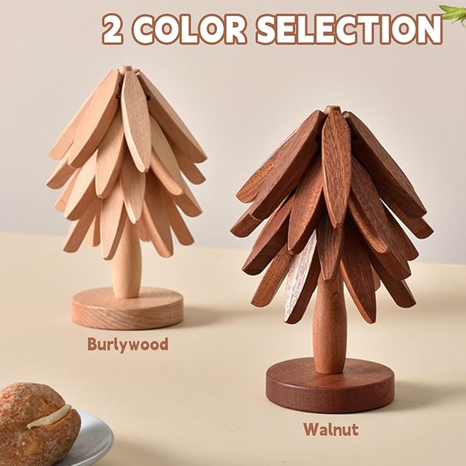 Wooden Trivets for Hot Dishes, Tree Shape Trivet Set, 4 Walnut Wood + 1 Stand stored Like a Christmas Tree,Foldable Kitchen Wooden Trivet,for Hot Dishes、Pot、Bowl、Teapot、Hot Pot Holder(Beech Wood)