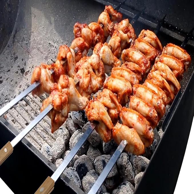 12 Pack Kebab Skewers BBQ Barbecue Skewers Stainless Steel Flat Sticks 22 Inch Heavy Duty Large Wide Reusable with Nonslip Wooden Handle Ideal for Shish Kabob Chicken Shrimp and Vegetables