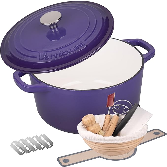 Enameled Cast Iron Dutch Oven Pot with Lid, for Bread Baking, Round Bread Oven- include Sourdough Bread Baking Supplies Set, 4.5QT, Purple