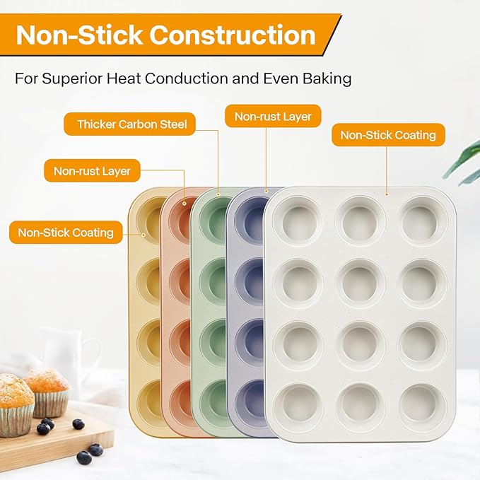 2-Pack Healthy Baking Cupcake Pan| Non Stick 12-Cup Muffin Pan | Durable & Easy Clean Muffin Tin | Perfect for Cupcakes, Muffins (Beige)