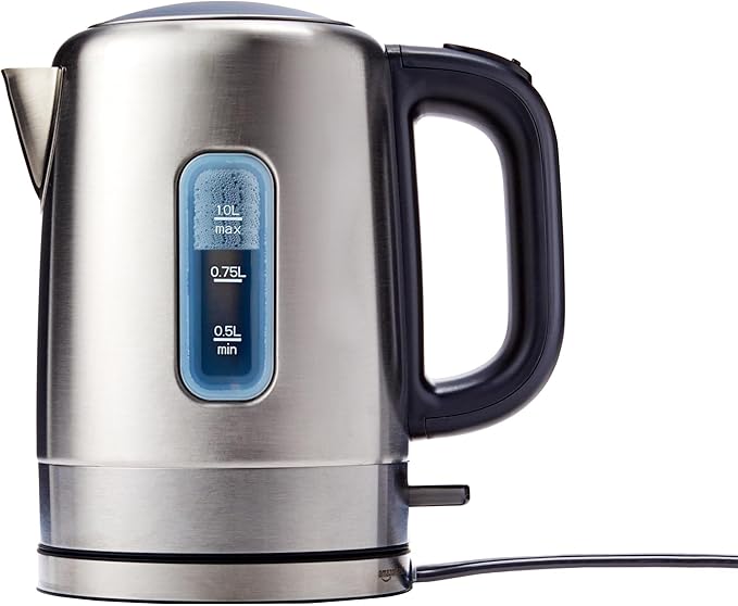 Amazon Basics Electric Stainless Steel Kettle for Tea and Coffee, BPA-Free, Fast Boiling, Auto Shut-Off, 1.1 Quarts, 1500W, Black and Silver