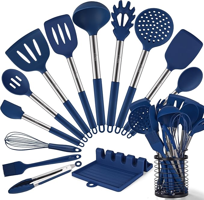 HOTEC 446°F Heat Resistant Silicone Kitchen Utensils, BPA Free Cooking Utensil Set, Spatula Set, Kitchen Gadgets, with Stainless Steel Utensils Holder, Dishwasher Safe, 14pcs Classic Blue